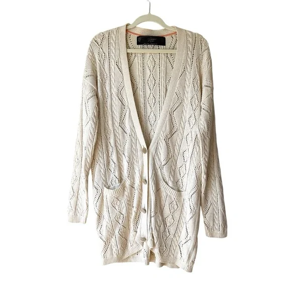 Free People New Romantics Bang Bang Knit Gold Thread Fisherman Cardigan Size S - Picture 2 of 12